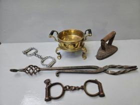 Brass Trivet, Flat Iron, 2 Sets Handcuffs Etc