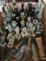 Box Of Coloured Glass Bottles Etc