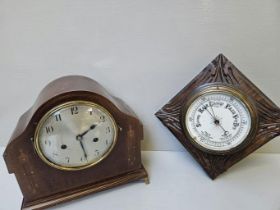 Mahogany Inlaid Mantel Clock & Oak Barometer