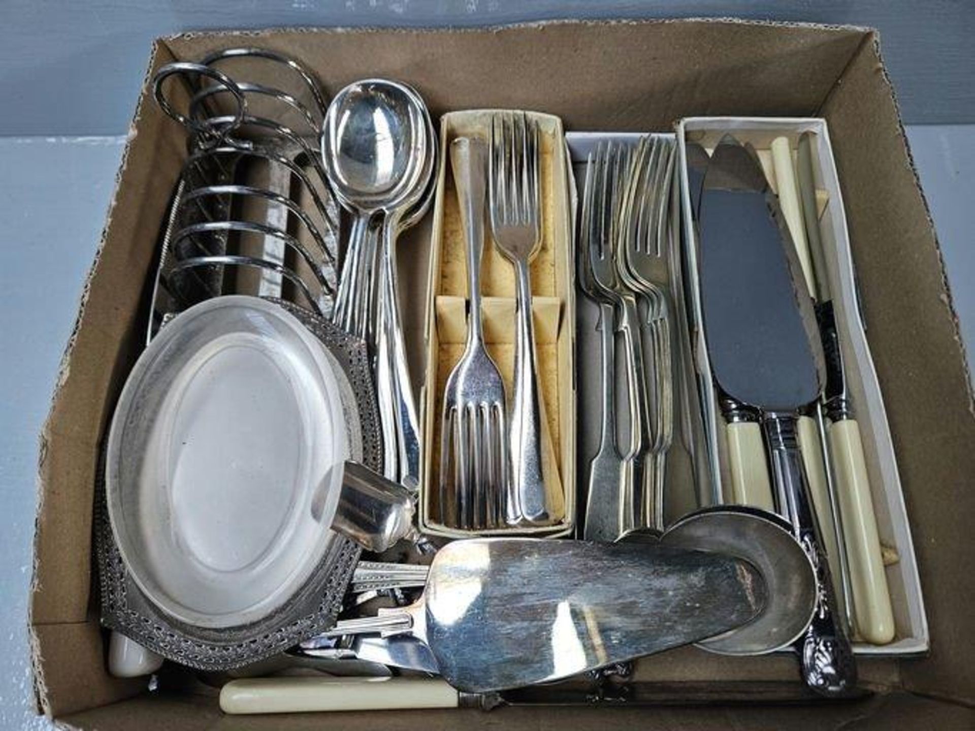 Box Of Assorted Cutlery, Toast Rack Etc