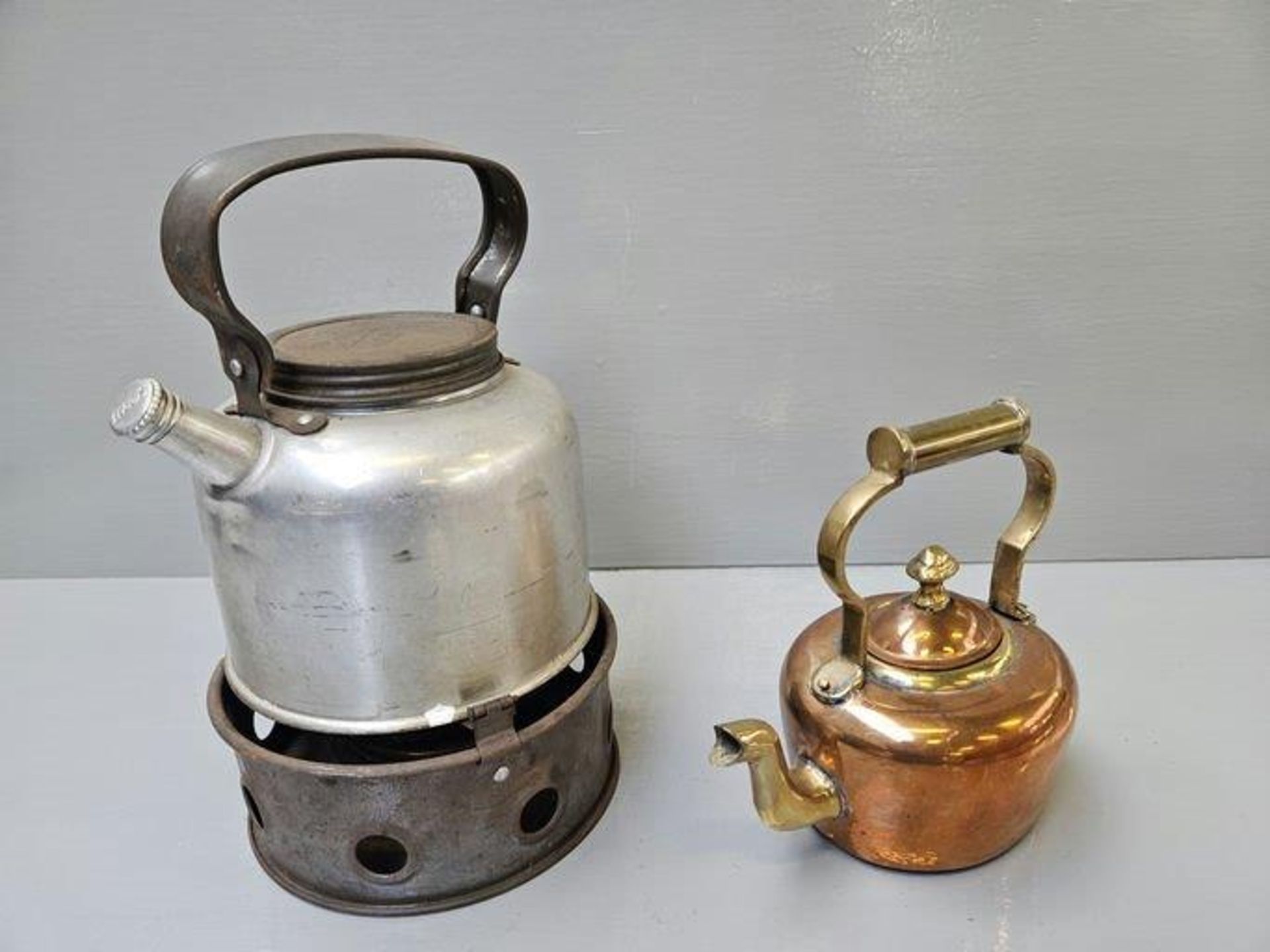 Sirram Camping Stove, Brass & Copper Kettle, 2 Old Bottles Etc