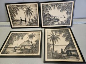 6 Black & White Oriental Etchings - Fikirini