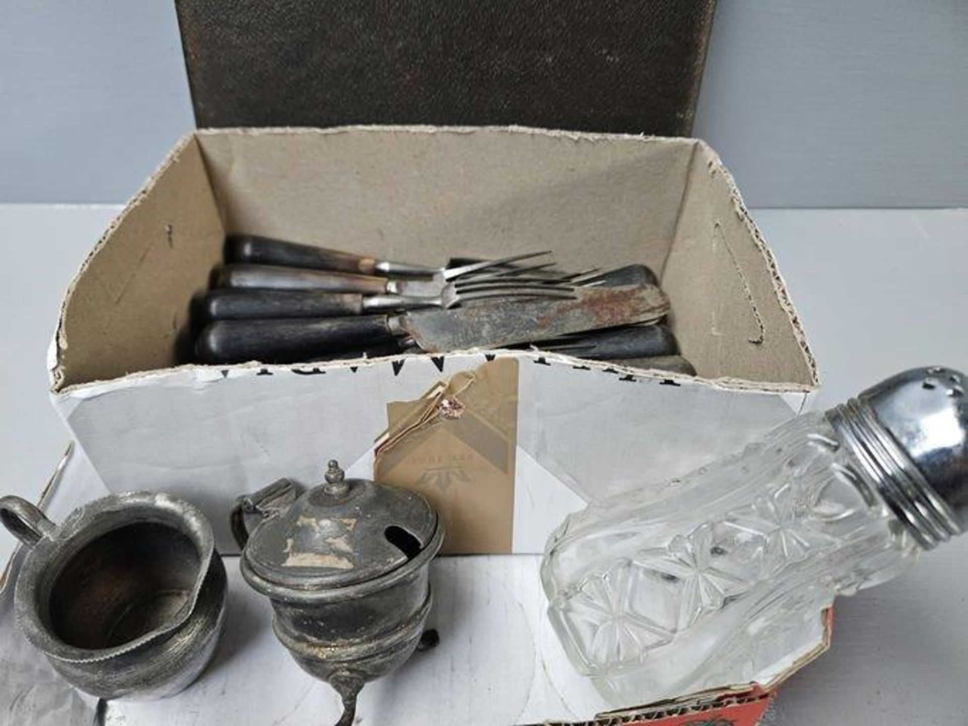 Box Of Assorted Cutlery, Sugar Sifter, Salts Etc