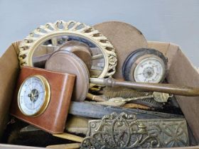 Box Including Barometers, Bed Warmer, Masonic Bag In Leather Case Etc