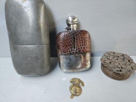 Pewter Hip Flask & 1 Other, Plated Buttons Etc