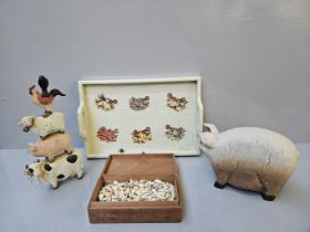 Box Including Pig Ornament, Wooden Tray, Miniature Shells In Box Etc