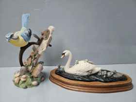 Border Fine Arts 'Swan & Cygnets' On Wood Base & Regency Fine Art 'Blue Tit' Figure