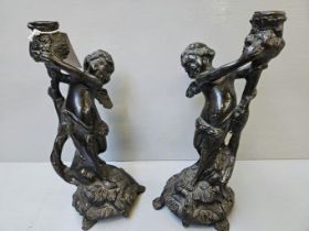 Pair Bronze Cherub Candleholders H29cm