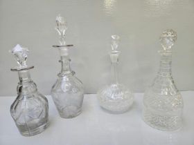 4 Cut Glass Decanters & 2 Green Glass Bottles
