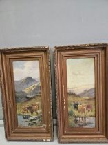 Pair Of Oil Paintings On Canvas In Frames By C W Oswald - Highland Cattle Scenes