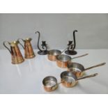 Box Including Miniature Brass & Copper Pans & Jugs, 2 Candleholders
