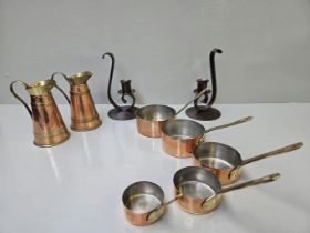 Box Including Miniature Brass & Copper Pans & Jugs, 2 Candleholders