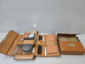 3 Vanity Sets In Leather Cases, Hankies, Stamp Album Etc