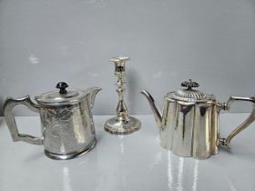 2 Plated Teapots & A Candlestick