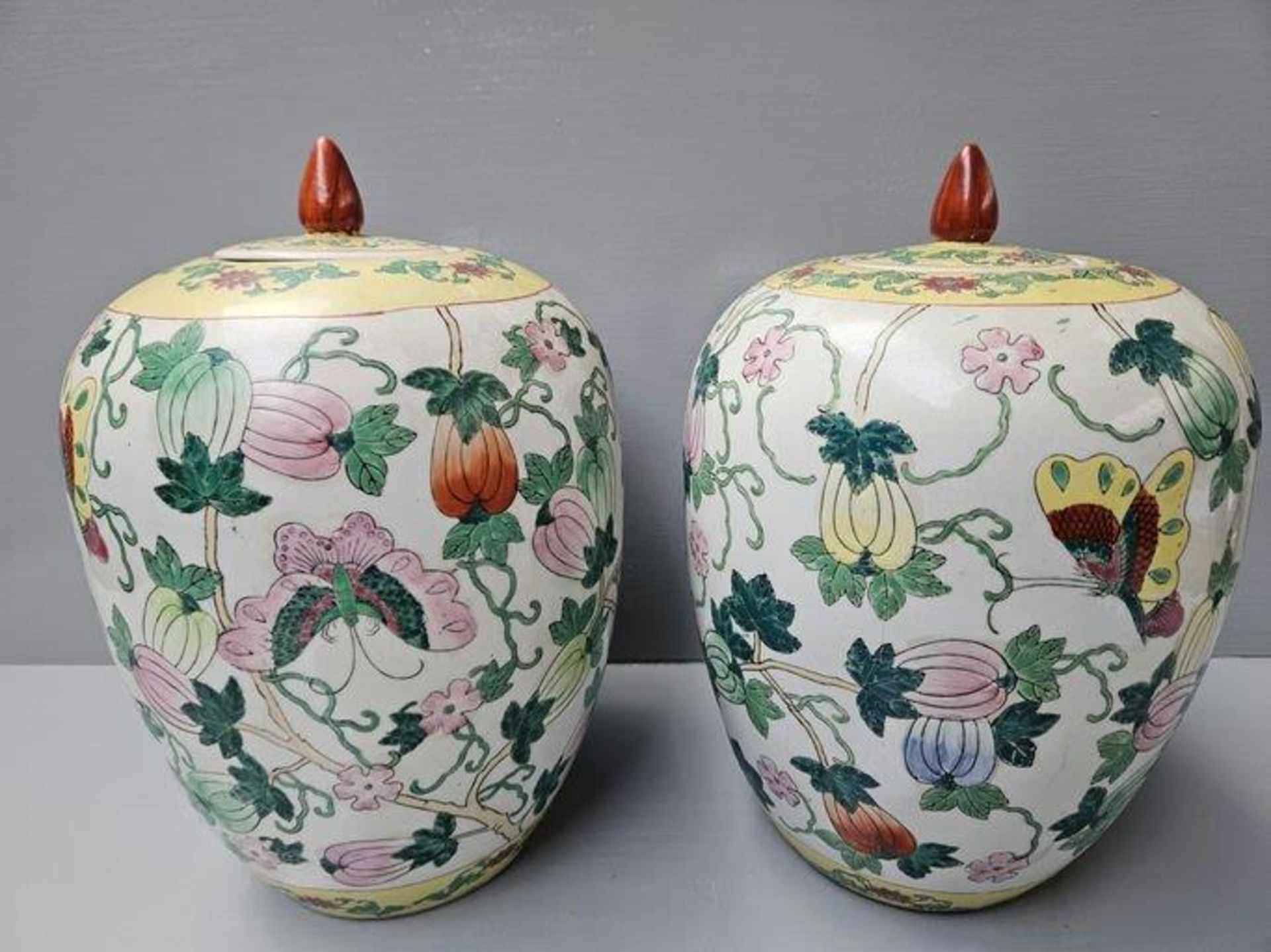 A Pair Of Large Butterfly Pattern Oriental Jars H32cm