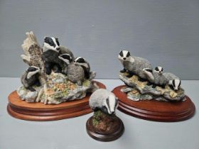 Border Fine Arts 'Evening Shadows' SOC7 & 2 Other Badger Figures
(On Wood Bases)