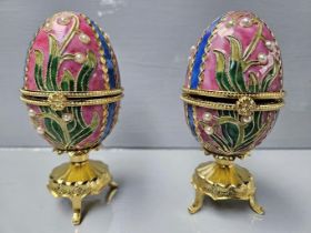 Pair Of Cloisonné Style Egg Music Boxes With Hinged Lids (Boxed)