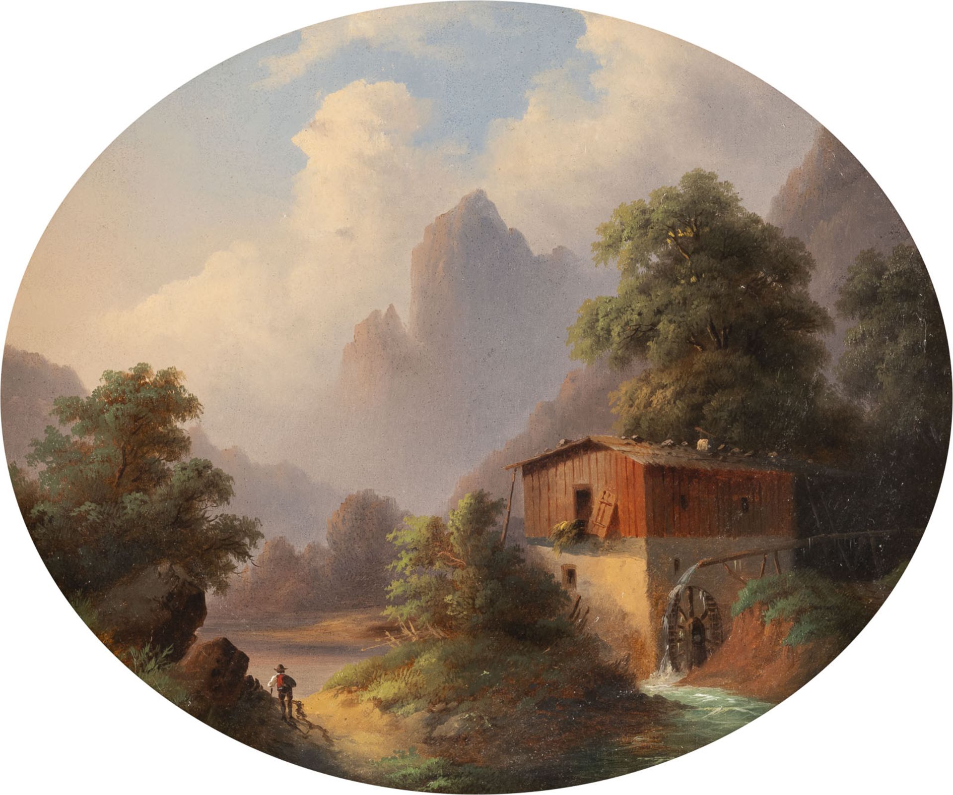 Zwei Gemälde. Gebirgslandschaft mit Windmühle. Gebirgslandschaft mit Wasserfall - Image 5 of 8