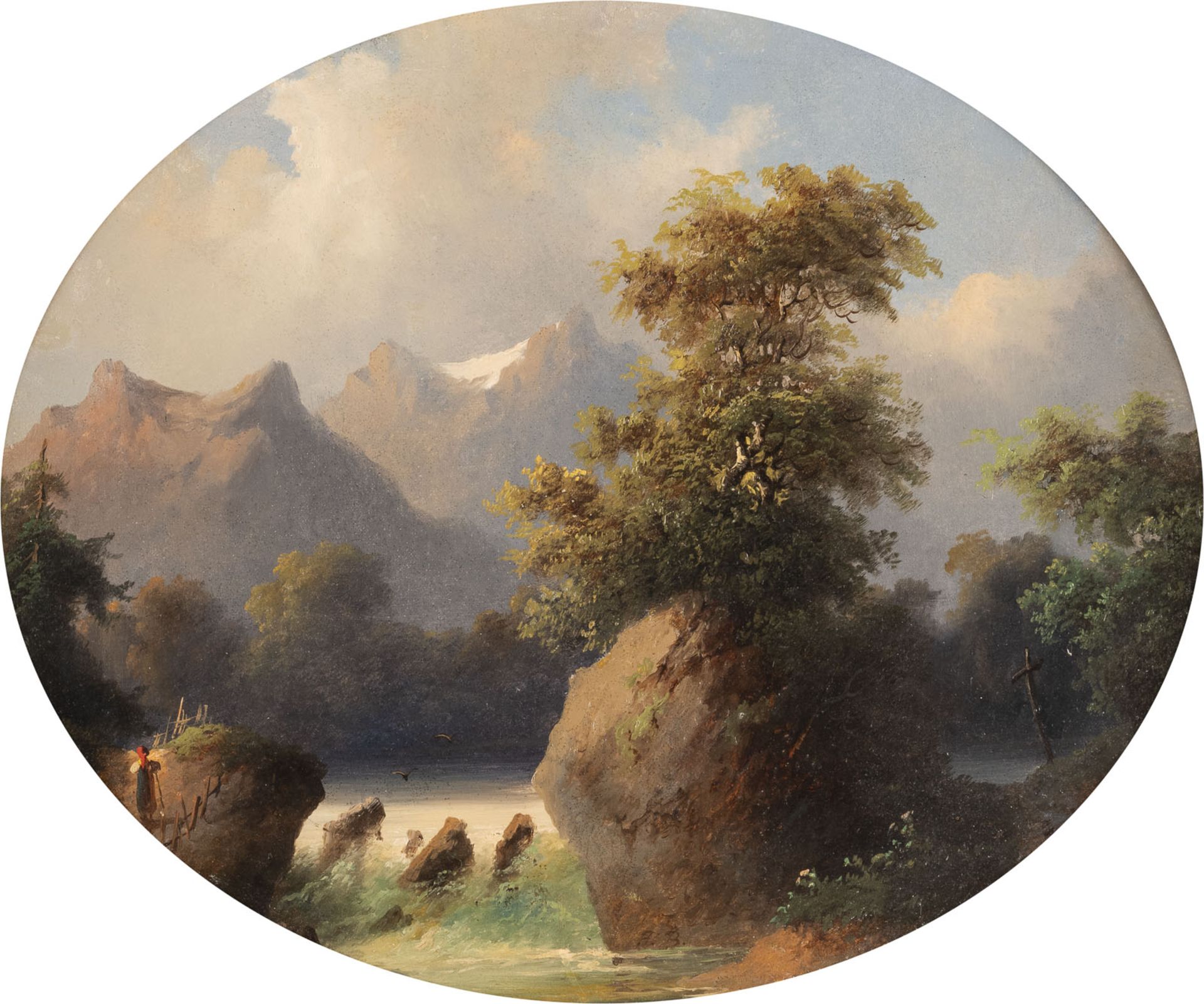 Zwei Gemälde. Gebirgslandschaft mit Windmühle. Gebirgslandschaft mit Wasserfall - Image 2 of 8