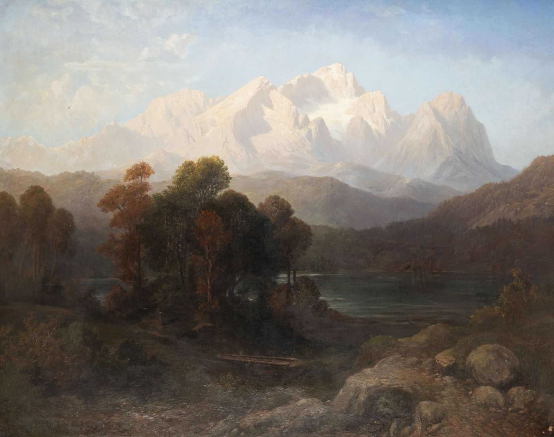 Großformatiges Panoramagemälde der Alpen und eines Gebirssees (1864)