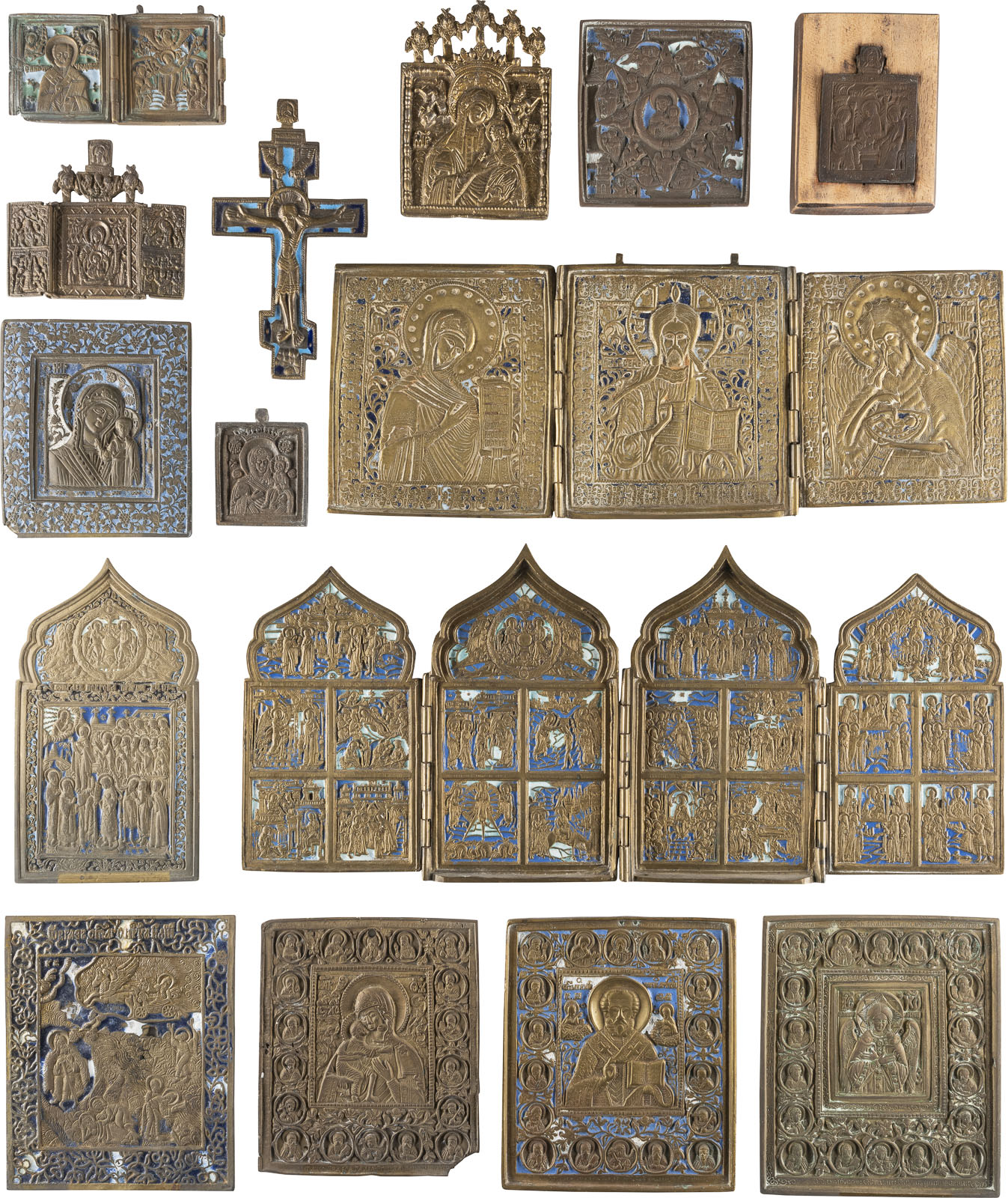 SAMMLUNG VON FÜNFZEHN BRONZEIKONEN MIT AUSGEWÄHLTEN HEILIGEN UND DARSTELLUNGEN VON CHRISTUS UND GOTT