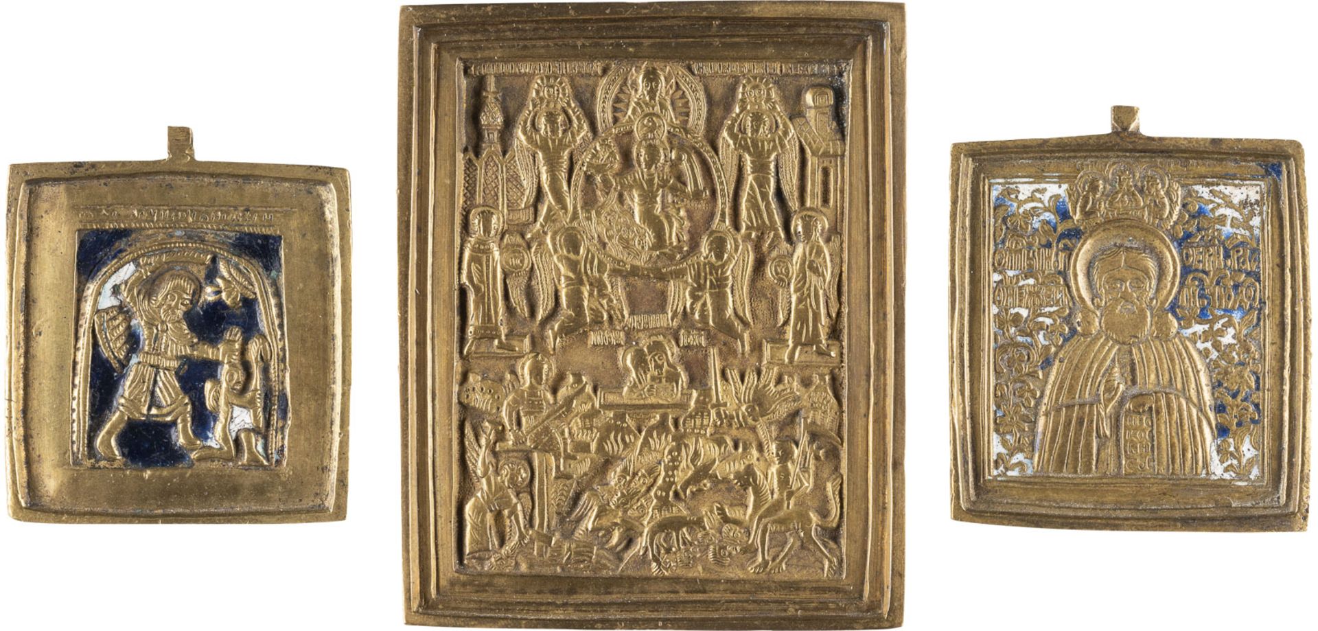   SEHR SELTENE UND SIGNIERTE BRONZEIKONE 'EINGEBORENER SOHN, WORT GOTTES' SOWIE ZWEI KLEINE BRONZEIK