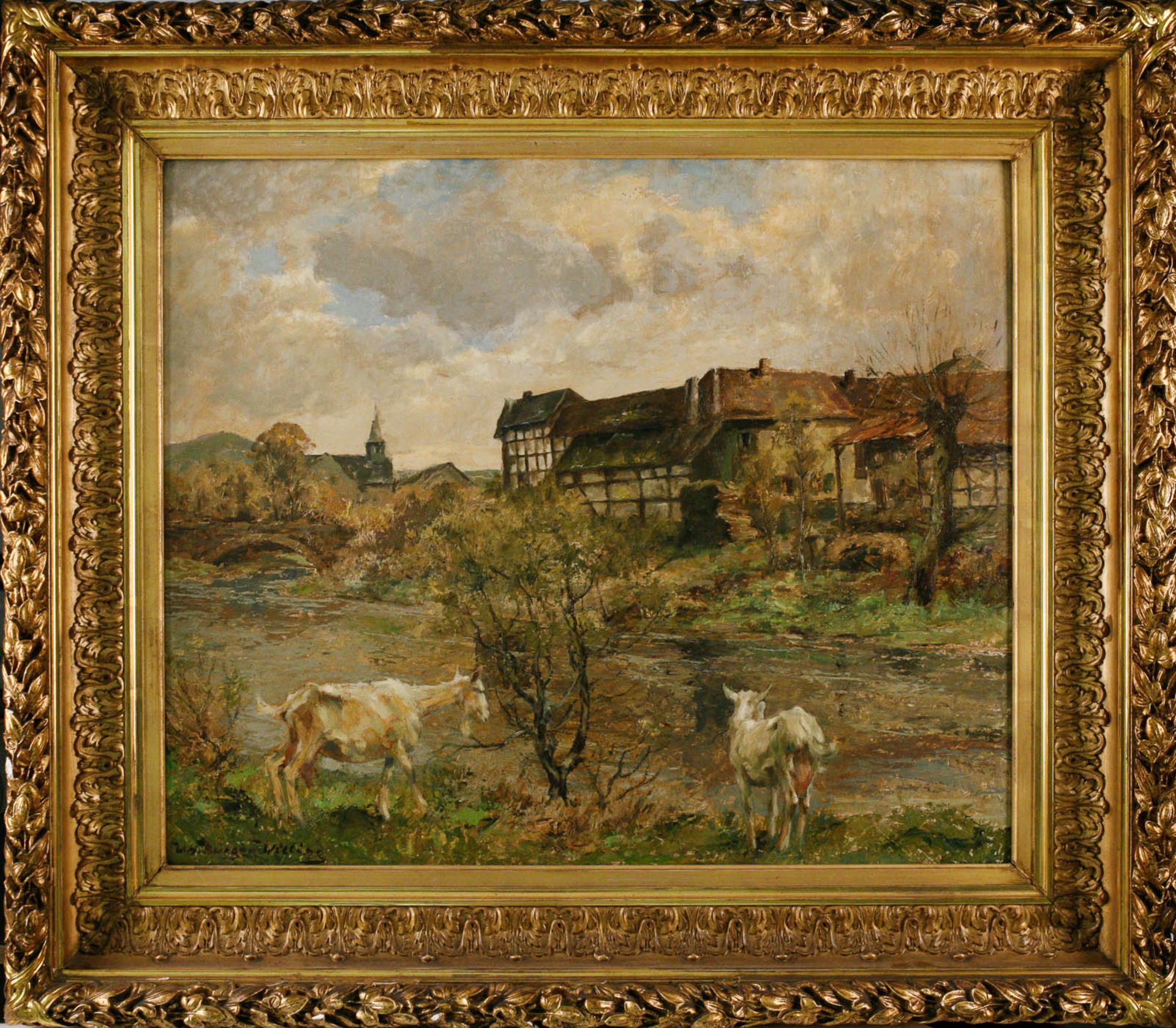 GEMÄLDE Flussszene mit Ziege vor Dorf  - Bild 2 aus 2