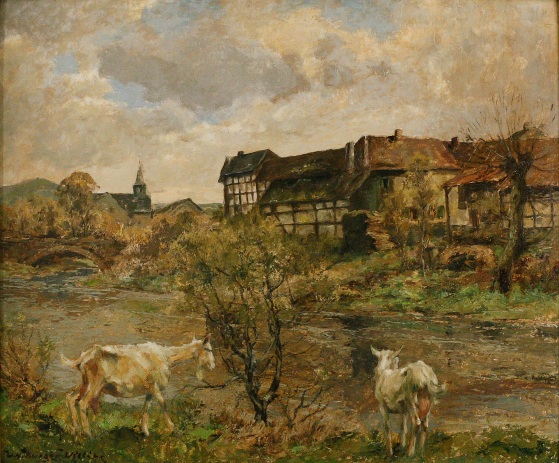 GEMÄLDE Flussszene mit Ziege vor Dorf 