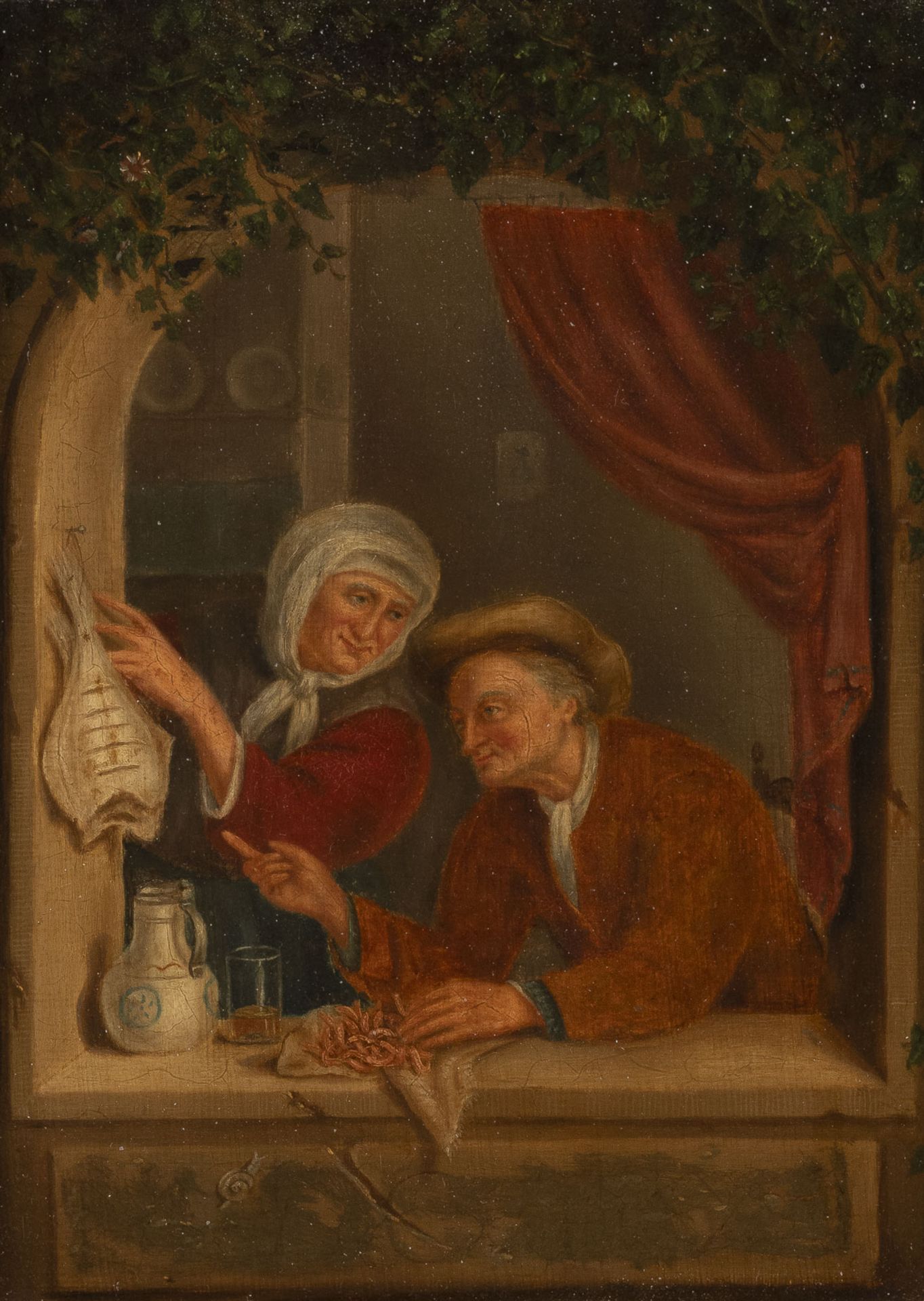 Eine Fischverkäuferin und ein Mann am Fenster