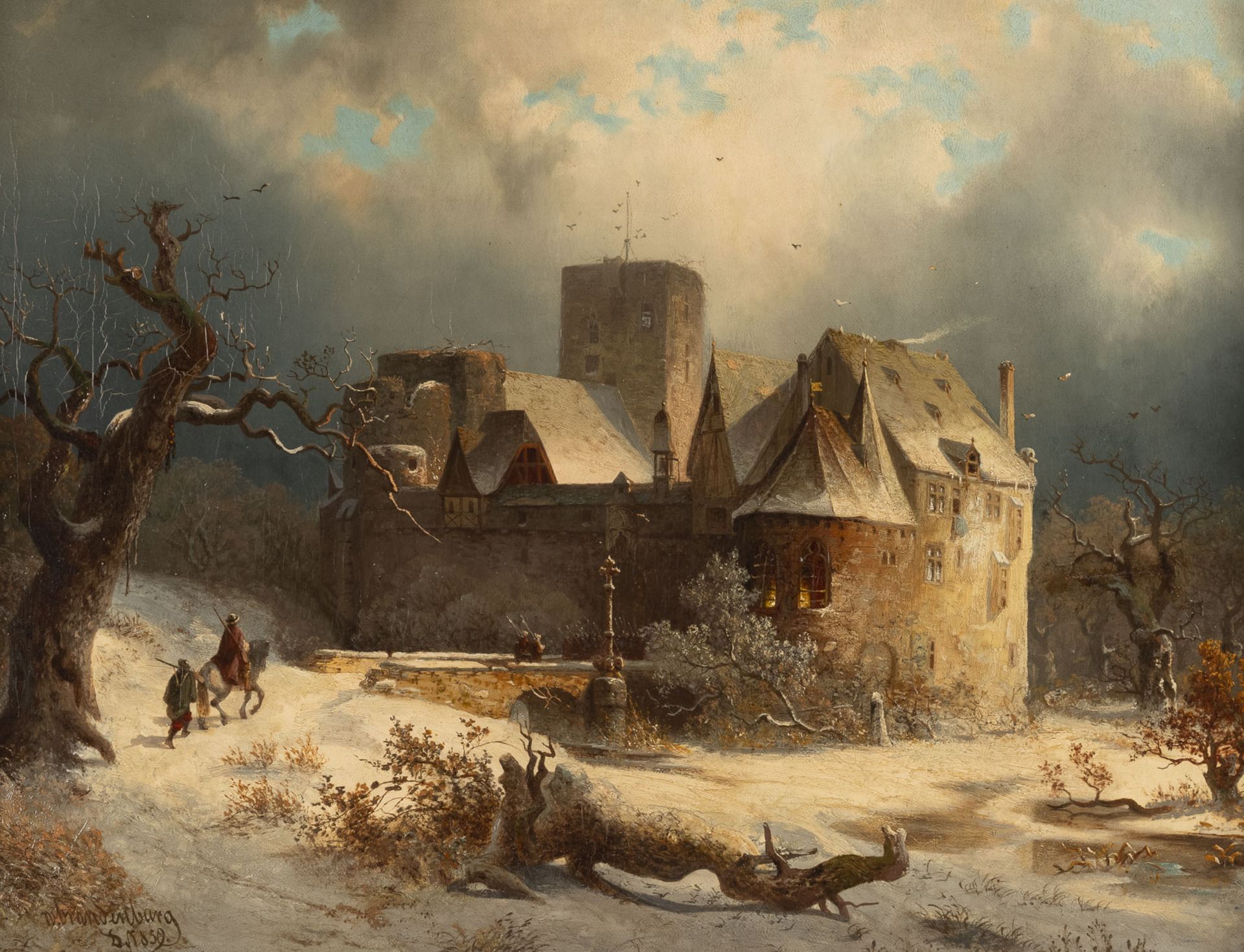 Winterlandschaft mit Schloss und Reiter (1859)