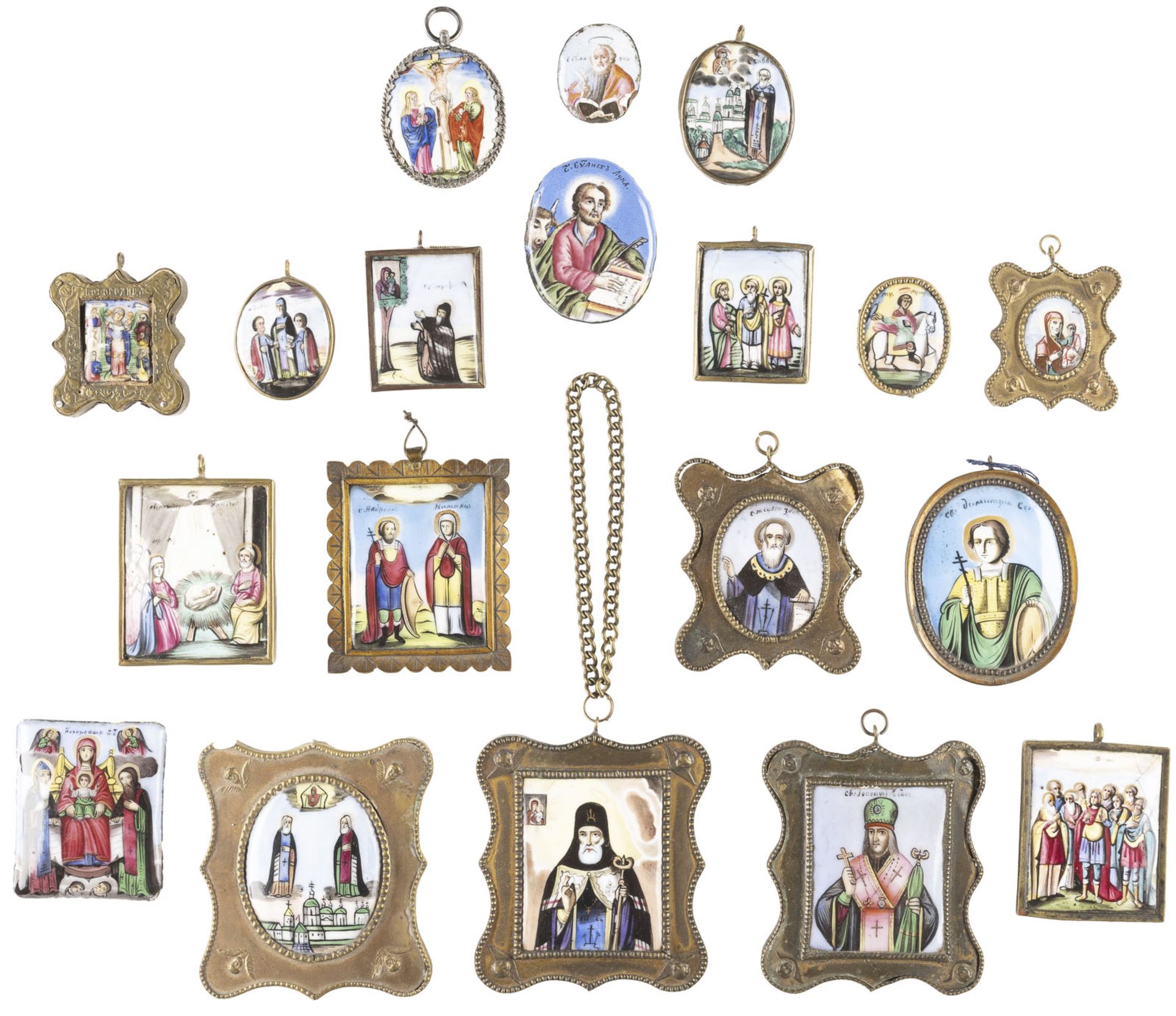 A COLLECTION OF 19 ENAMEL ICONS (FINIFTI) SHOWING THE MOTHER OF GOD AND SAINTS