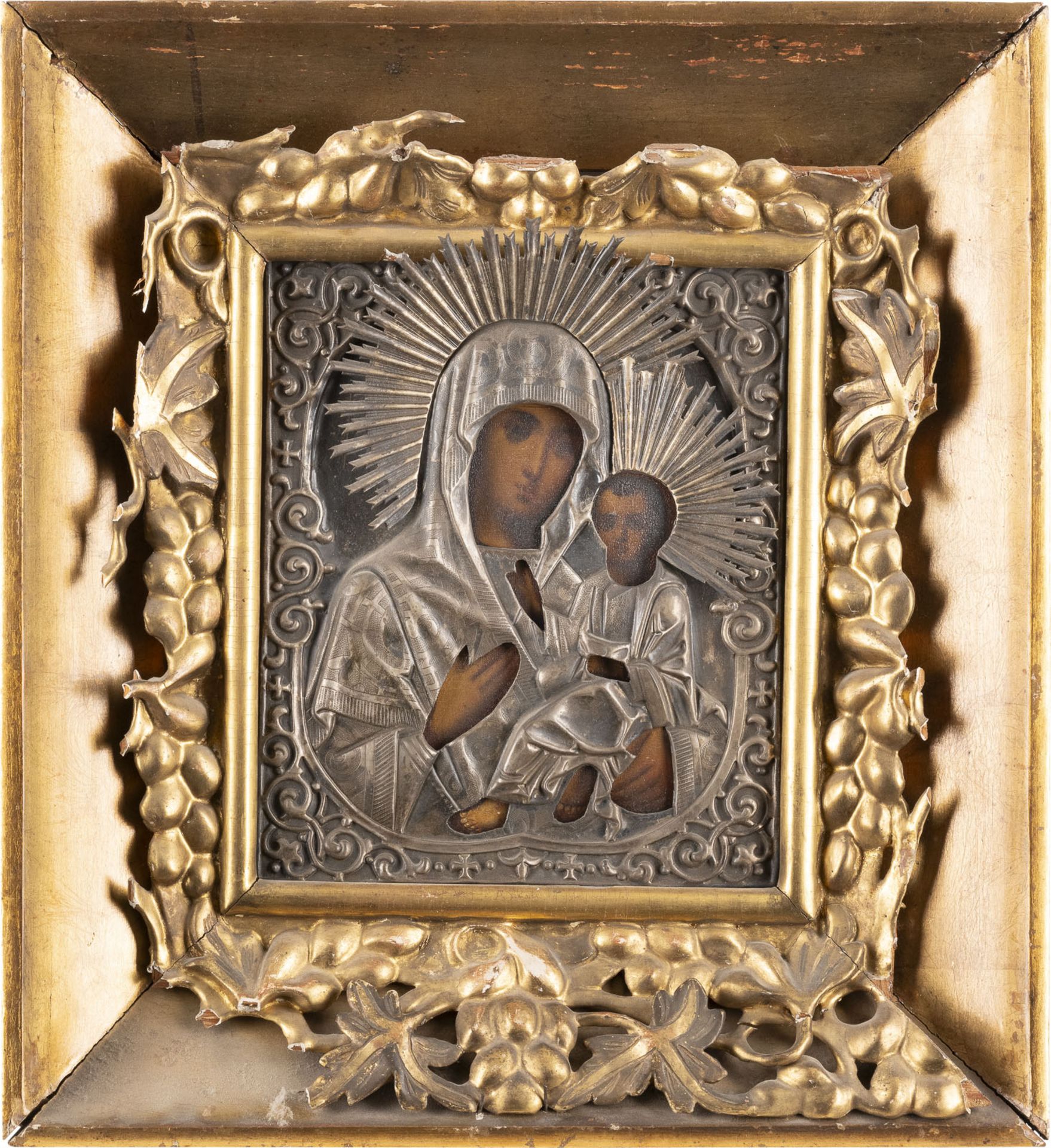 AN ICON SHOWING THE TIKHVINSKAYA MOTHER OF GOD WITH OKLAD