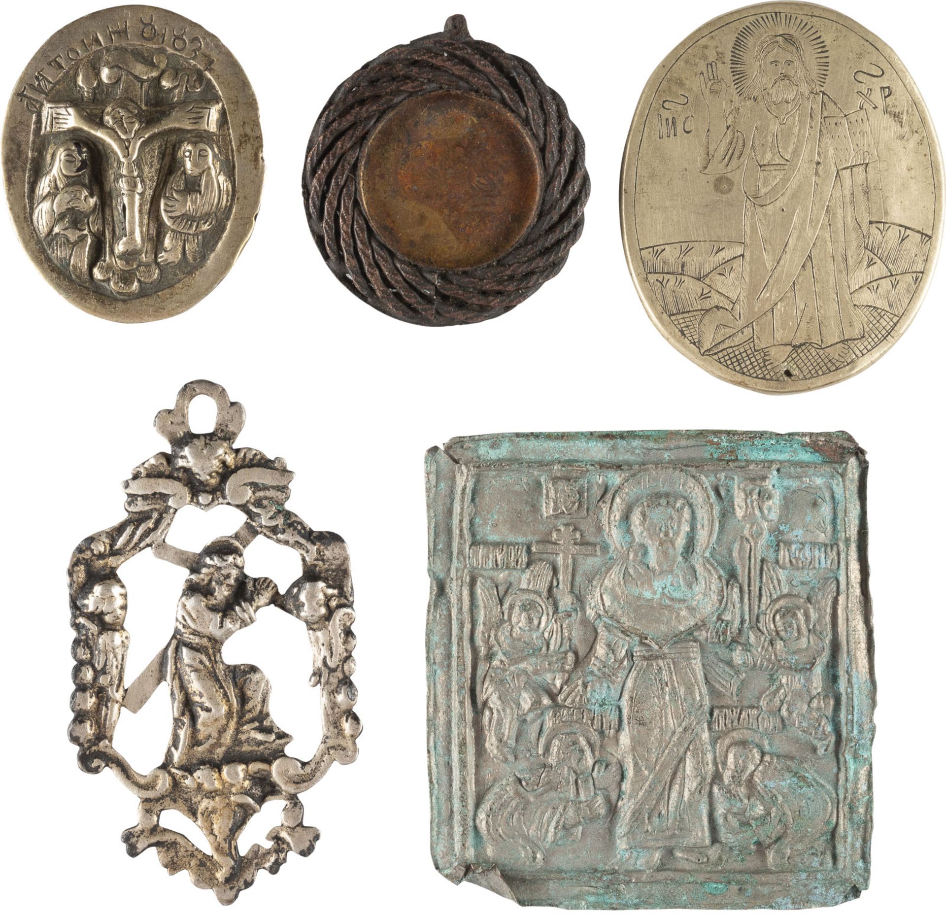 FIVE PENDANTS AND FRAGMENTS SHOWING SAINTS AND THE CRUCIFIXION