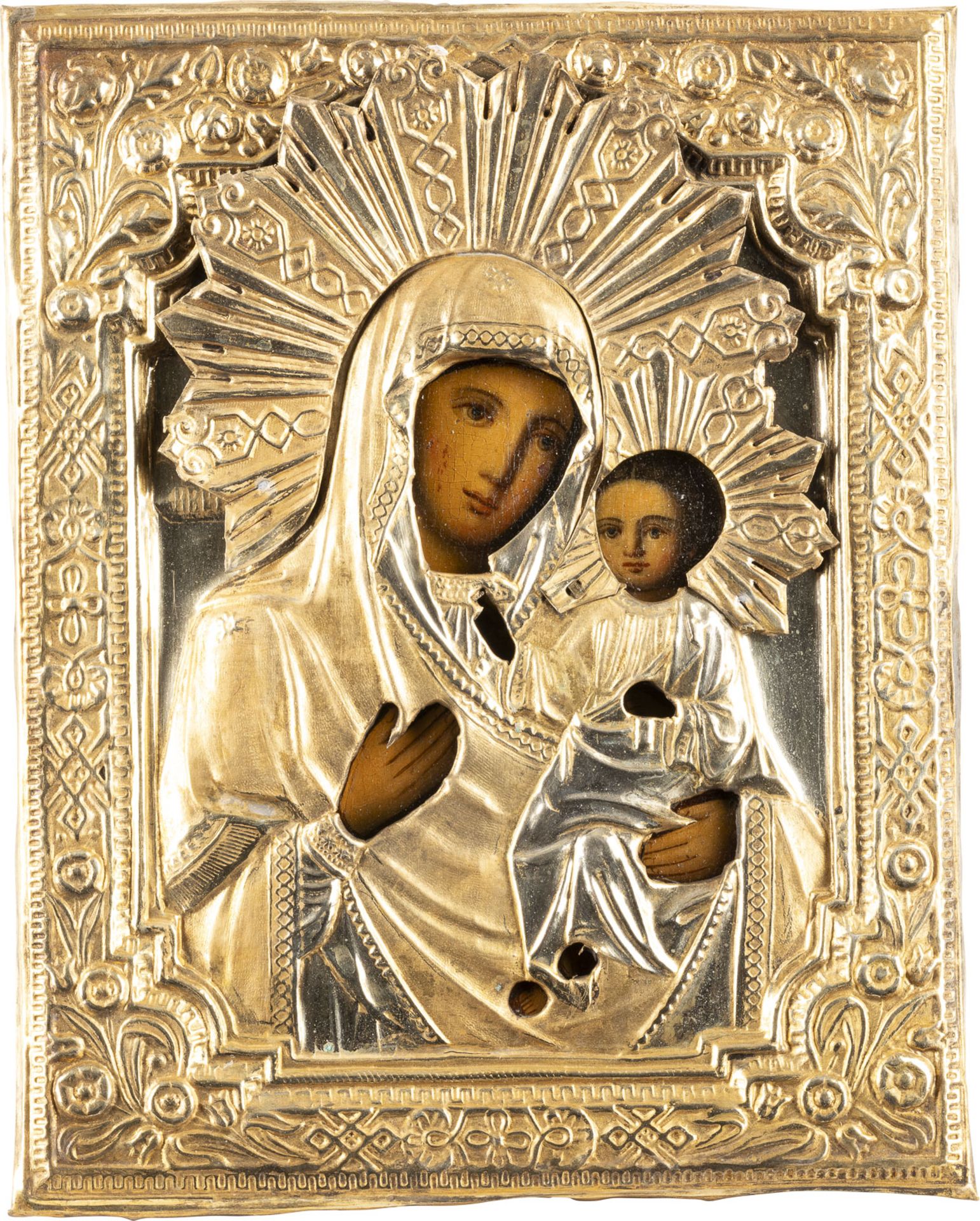 AN ICON SHOWING THE IVERSKAYA MOTHER OF GOD WITH OKLAD WITHIN KYOT