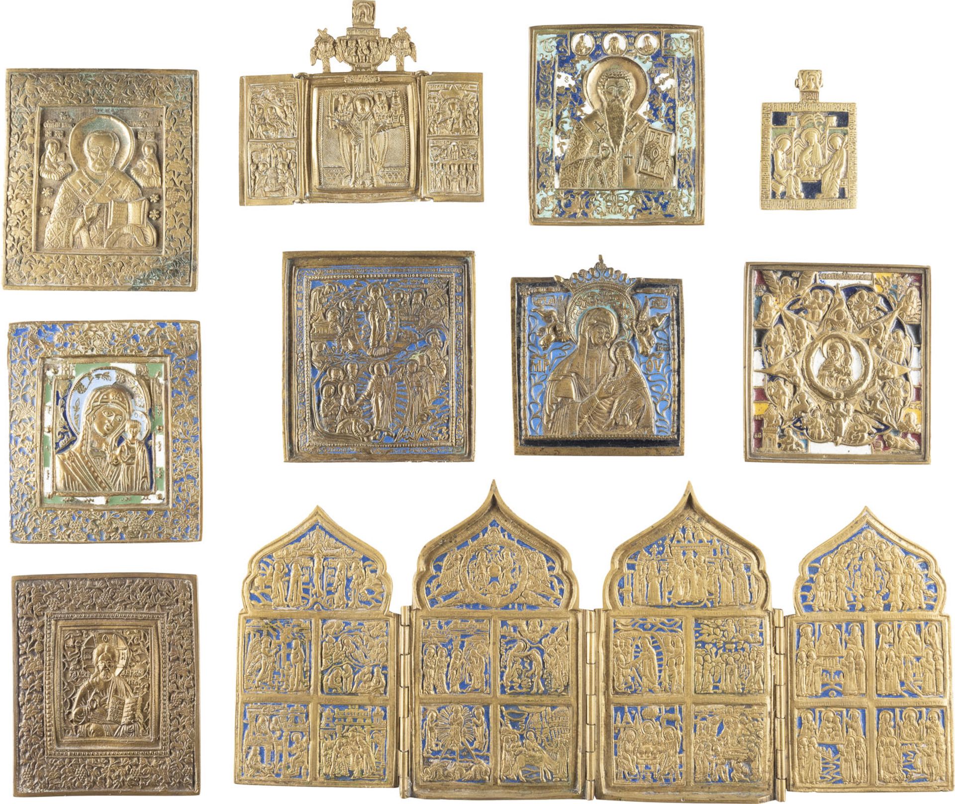 TEN BRASS AND ENAMEL ICONS SHOWING FEASTS, IMAGES OF THE MOTHER OF GOD AND SAINTS