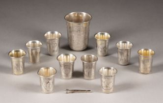 A COLLECTION OF ELEVEN SILVER BEAKERS AND MINIATURE SUGAR TONGS