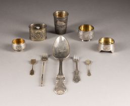 A COLLECTION OF SILVER BEAKERS, SALTS WITH SPOONS, FORKS, A NAPKIN HOLDER AND A SPOON