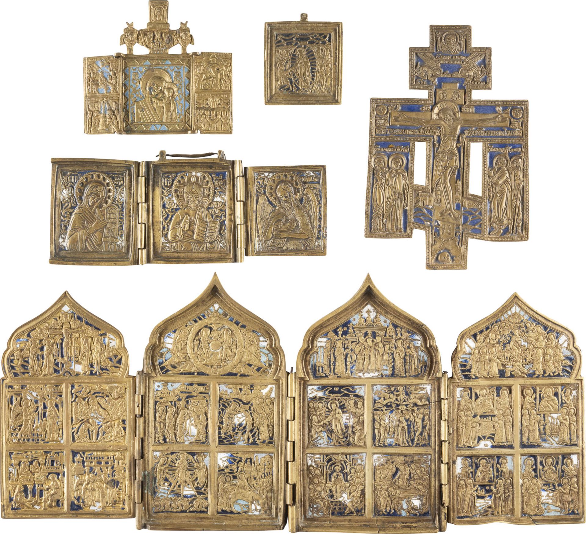 FIVE BRASS AND ENAMEL ICONS SHOWING FESTIVALS, THE CRUCIFIXION OF CHRIST, THE DEISIS AND