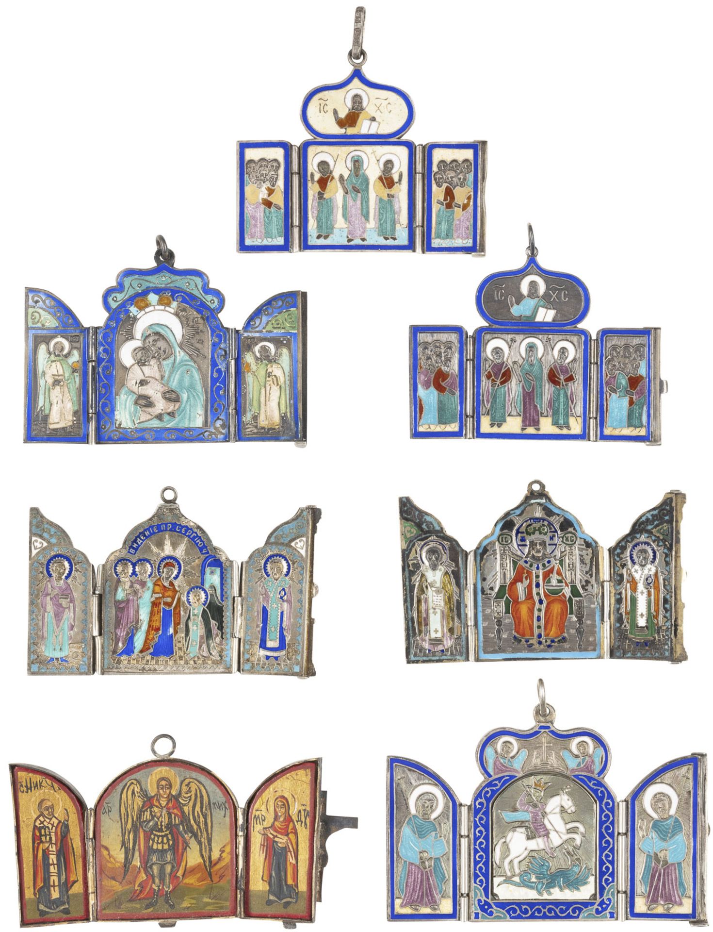 A COLLECTION OF SEVEN SILVER-MOUNTED MINIATURE TRIPTYCHS