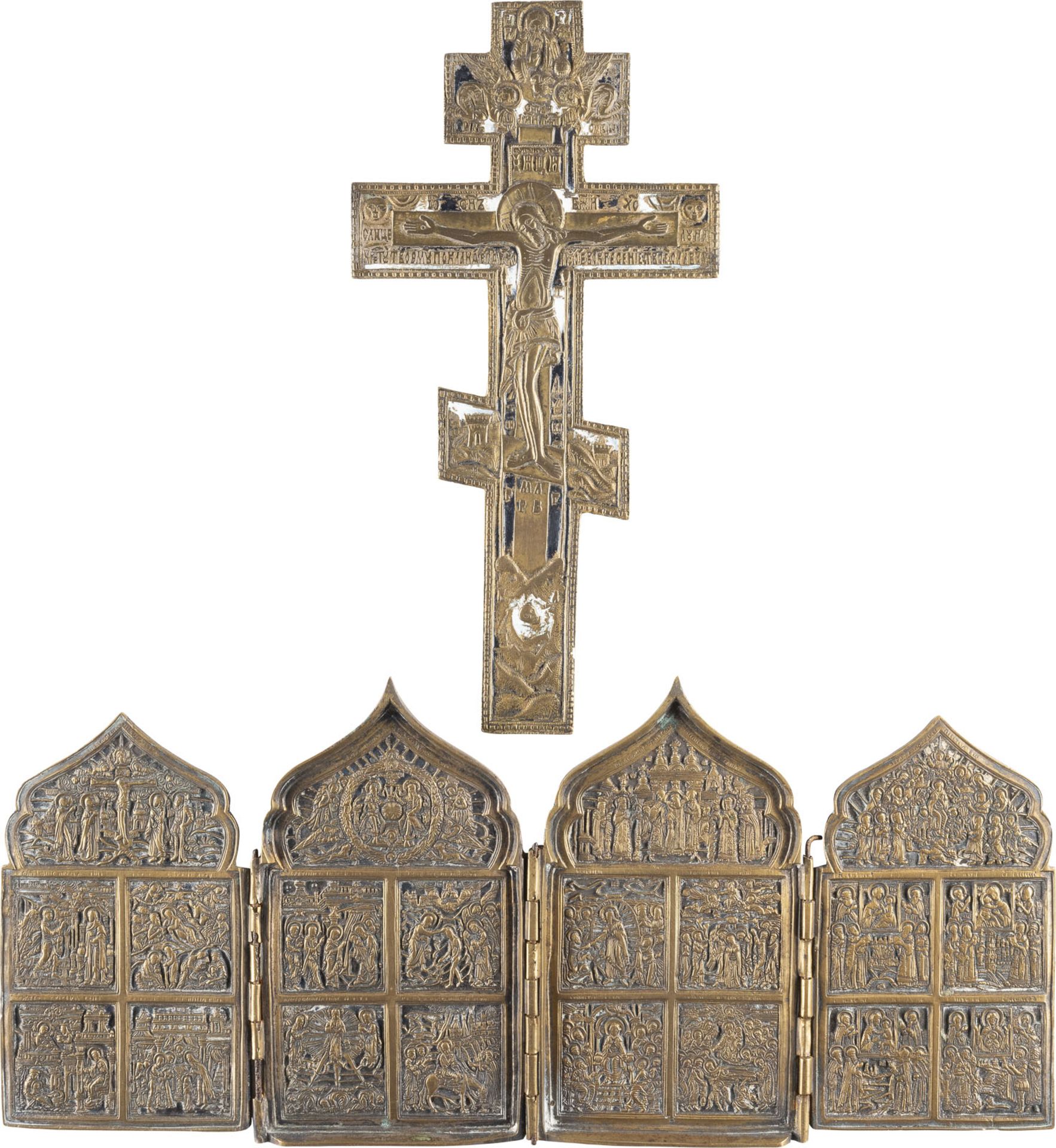 A BRASS QUADRIPTYCH AND A BRASS AND ENAMEL CRUCIFIX