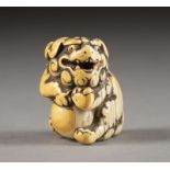 EIN GESCHNITZTES NETSUKE EINES SHISHI AUS ELFENBEIN