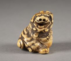 EIN GESCHNITZTES NETSUKE EINES SHISHI AUS ELFENBEIN