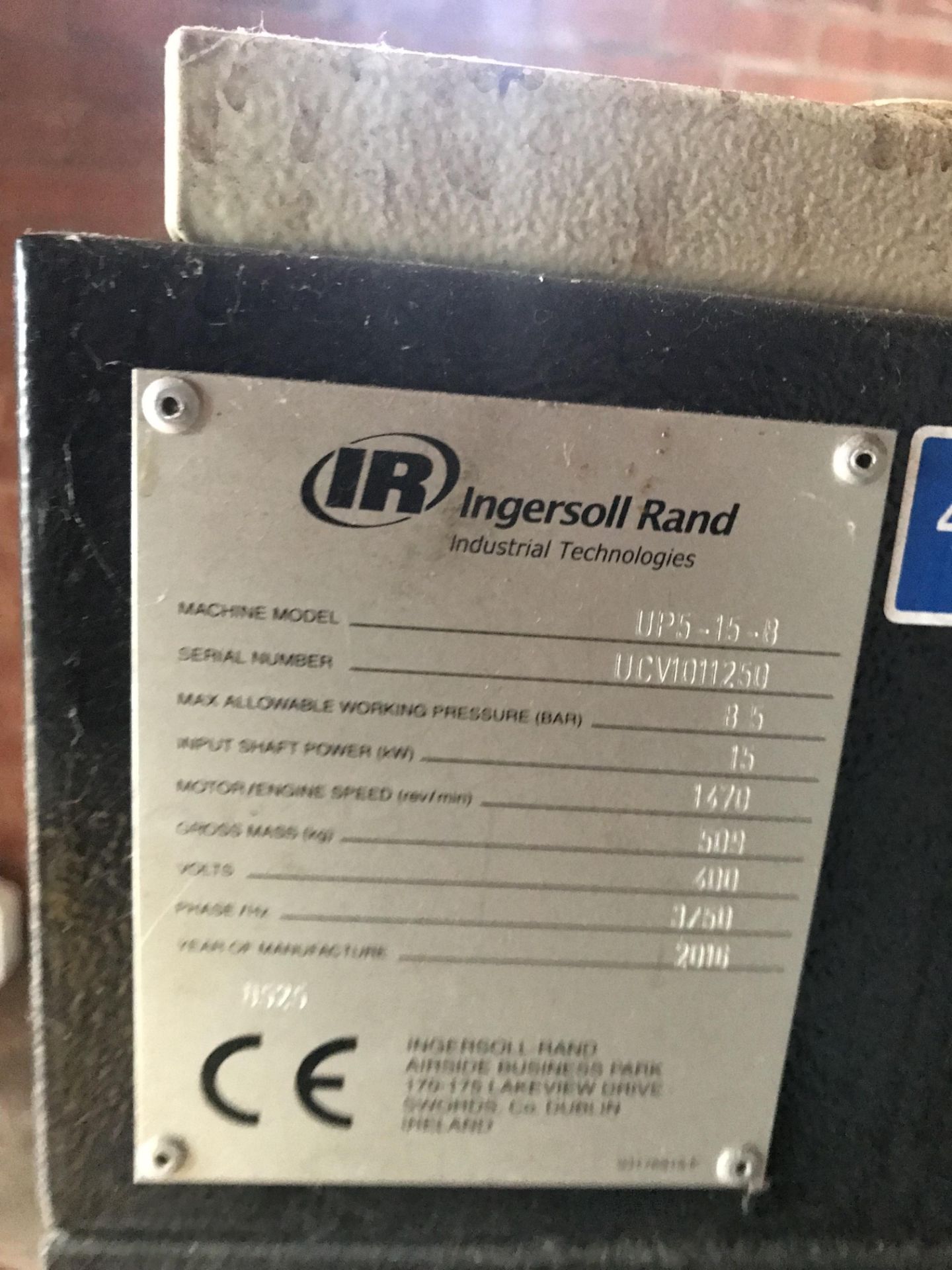 Ingersoll Rand UP5-15-8 Packaged Air CompressorSerial No. UCV1011250 (2016) - Image 2 of 2