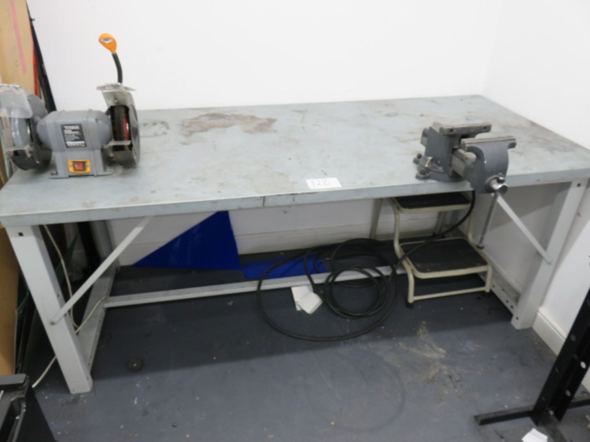 2m x 0.9m Steel Work Bench with Titan TTB521GRD Double Ended Bench Grinder and Titan Fastmax 6in Ben