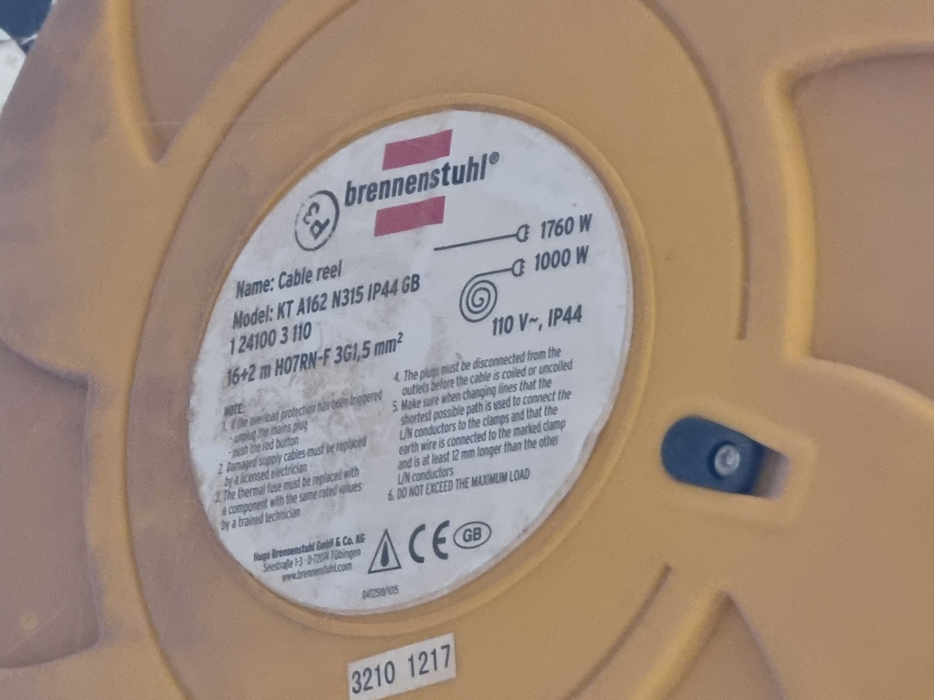 2 : Brennenstuhl KT A162 N315 IP44 Automatic 110V Cable Reel and Brennenstuhl KT A162 N315 IP20 Auto - Image 2 of 4
