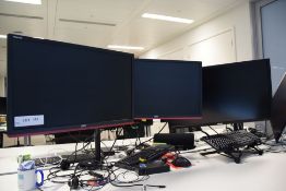 2 AOC 24 inch Flat Screen Monitors with Desk Arms and an ASUS 28 inch Flat Screen Monitor
