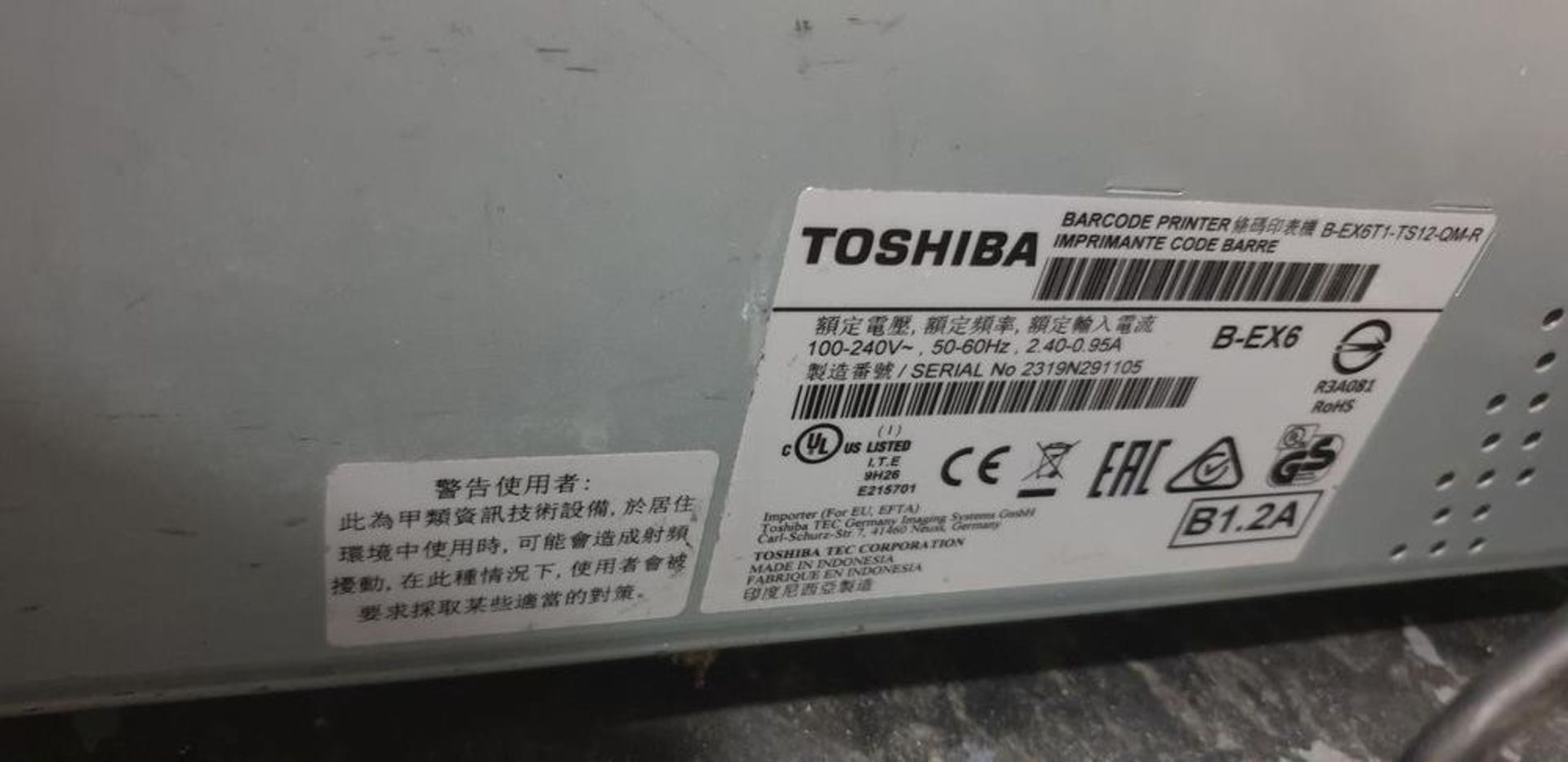 1: Toshiba B-EX6 Barcode Label Printer - Image 2 of 3