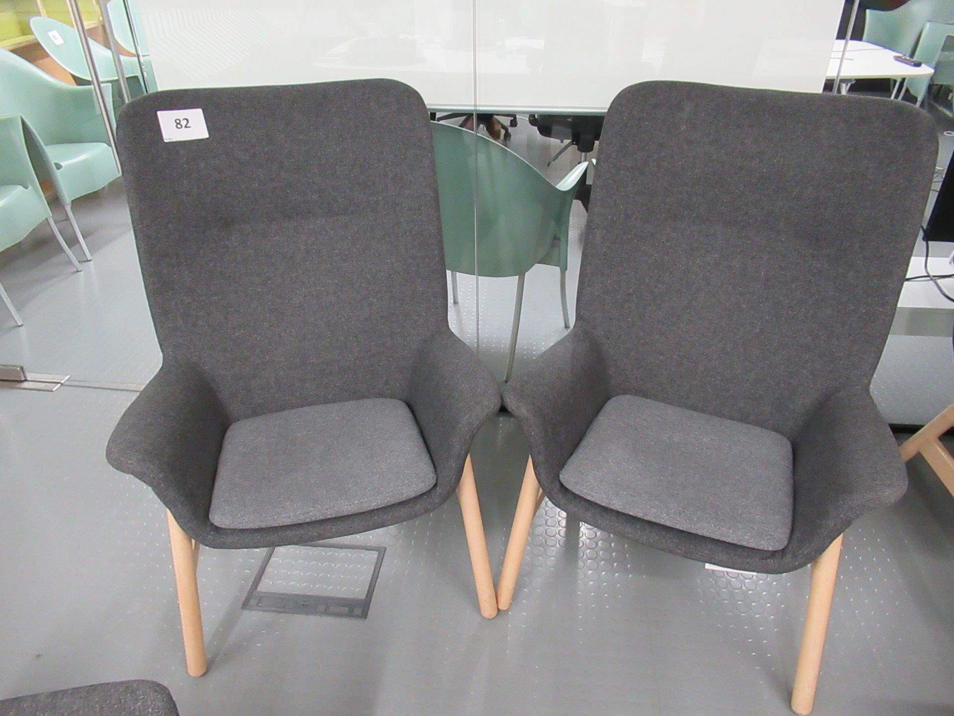 2 Gey Cloth Upholstered High Backed Chairs