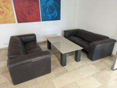 2 Leather Upholstered Reception Sofas and Occasional Table