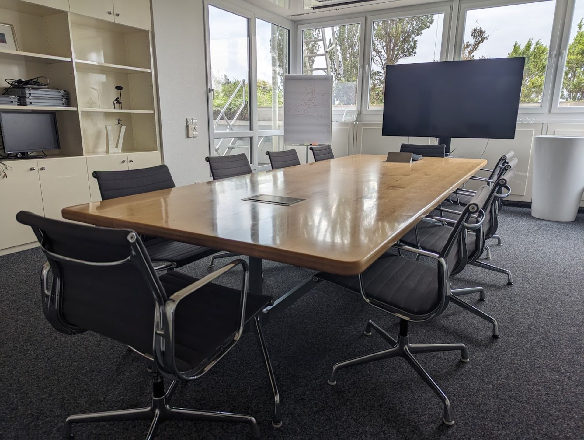 Light Oak Veneer Conference Table with 10 Upholstered Swivel Chairs